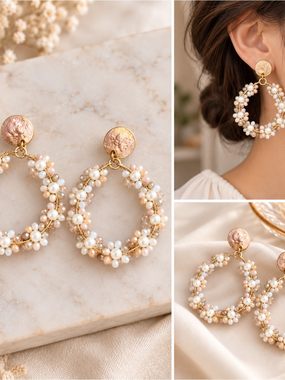 Banana Republic Pearl Beaded Round Hoop Statement Earrings